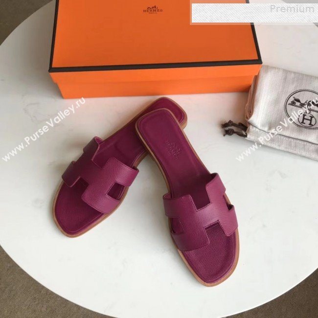 Hermes Epsom Leather Oran H Flat Slipper Sandals Violet (MD-9080605)