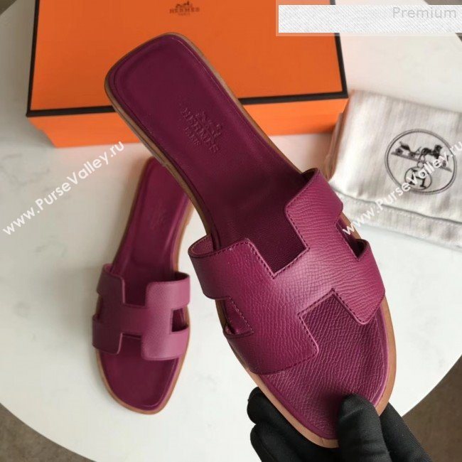 Hermes Epsom Leather Oran H Flat Slipper Sandals Violet (MD-9080605)