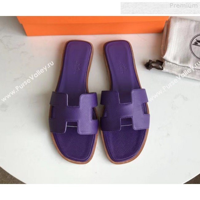 Hermes Epsom Leather Oran H Flat Slipper Sandals Purple (MD-9080607)