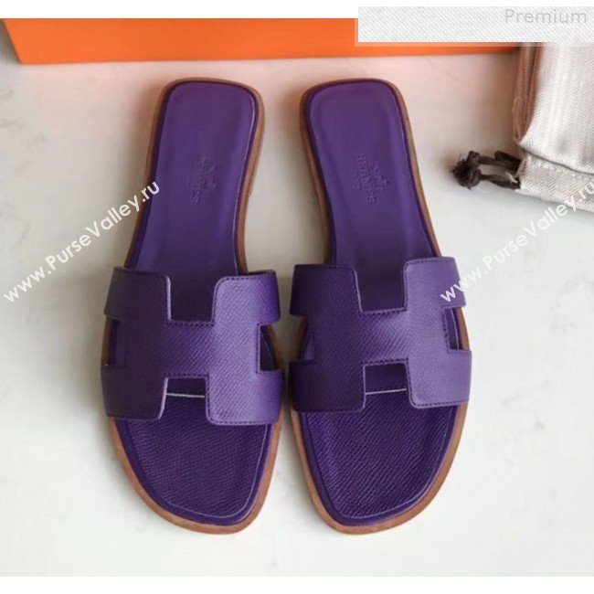 Hermes Epsom Leather Oran H Flat Slipper Sandals Purple (MD-9080607)