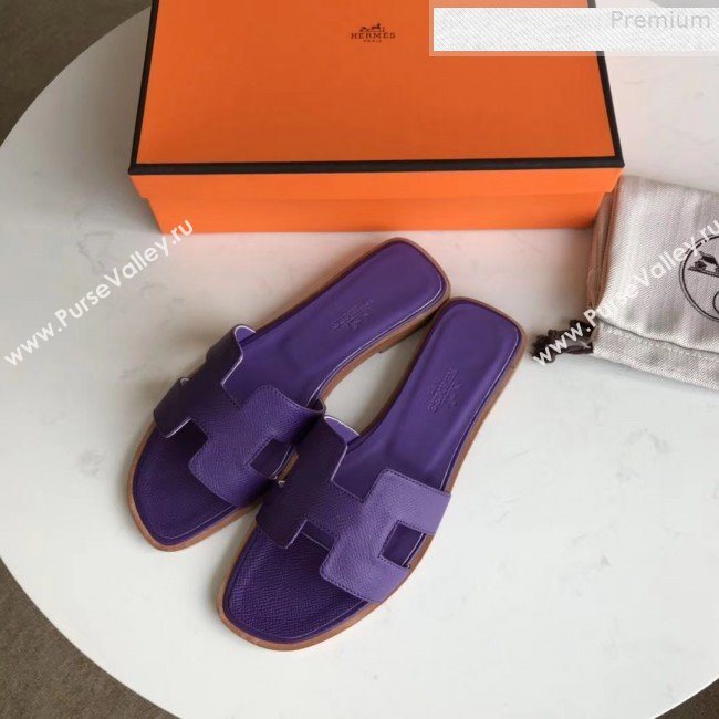 Hermes Epsom Leather Oran H Flat Slipper Sandals Purple (MD-9080607)