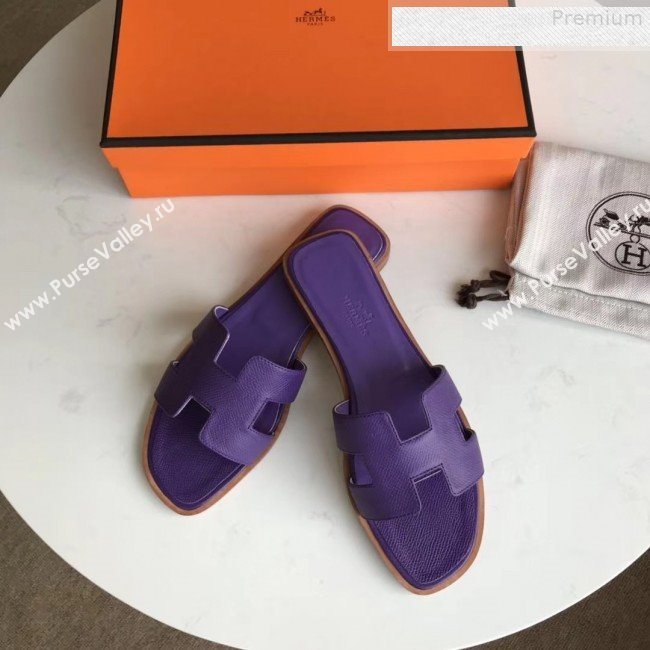 Hermes Epsom Leather Oran H Flat Slipper Sandals Purple (MD-9080607)