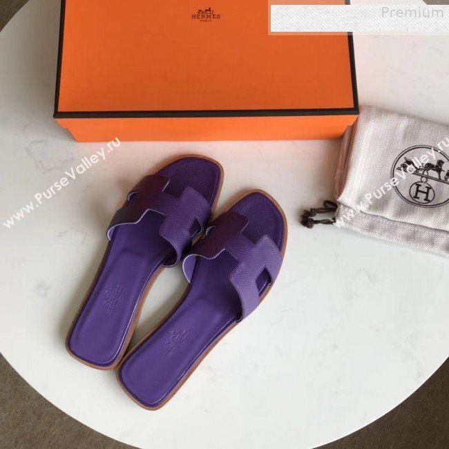 Hermes Epsom Leather Oran H Flat Slipper Sandals Purple (MD-9080607)