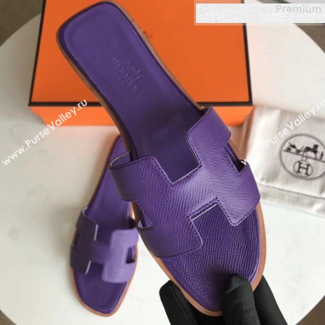 Hermes Epsom Leather Oran H Flat Slipper Sandals Purple (MD-9080607)