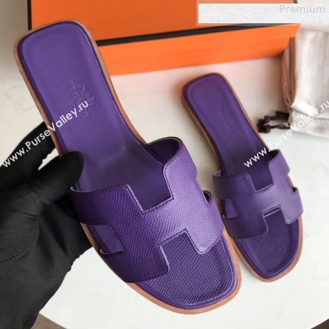 Hermes Epsom Leather Oran H Flat Slipper Sandals Purple (MD-9080607)