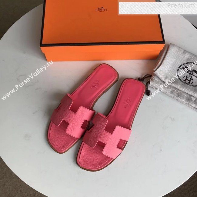 Hermes Epsom Leather Oran H Flat Slipper Sandals Rosy (MD-9080609)