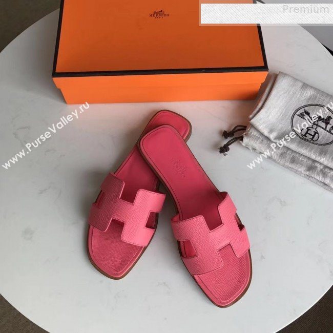 Hermes Epsom Leather Oran H Flat Slipper Sandals Rosy (MD-9080609)