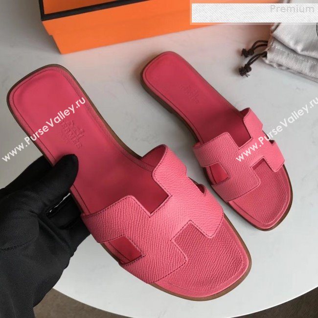 Hermes Epsom Leather Oran H Flat Slipper Sandals Rosy (MD-9080609)