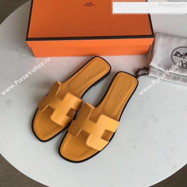 Hermes Epsom Leather Oran H Flat Slipper Sandals Yellow (MD-9080611)