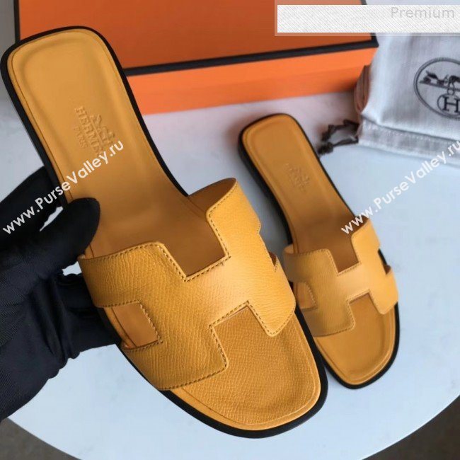 Hermes Epsom Leather Oran H Flat Slipper Sandals Yellow (MD-9080611)