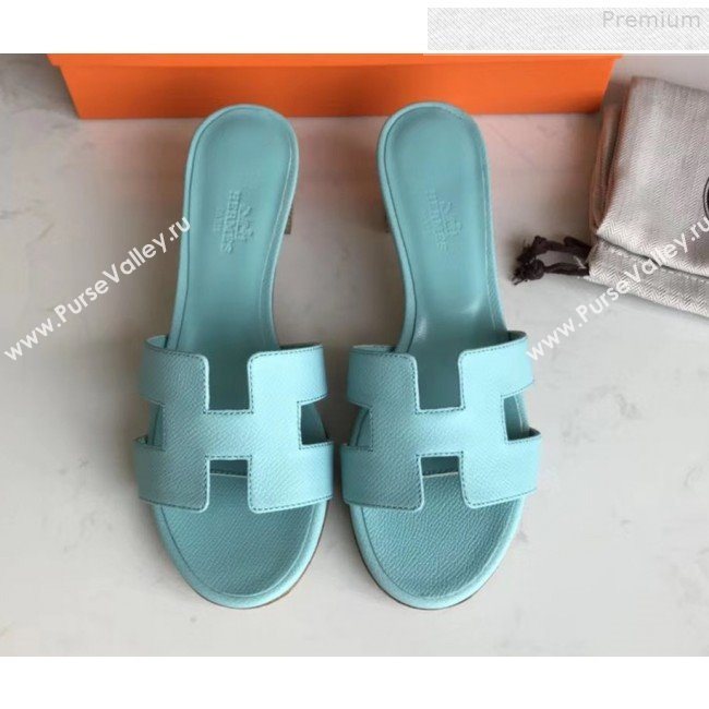 Hermes Epsom Leather Oasis Slipper Sandals With 5cm Heel Cyan (MD-9080614)
