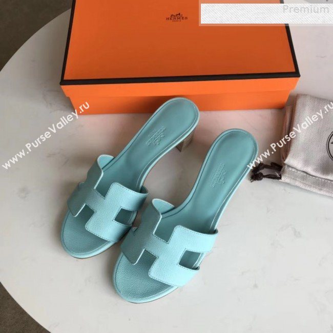 Hermes Epsom Leather Oasis Slipper Sandals With 5cm Heel Cyan (MD-9080614)