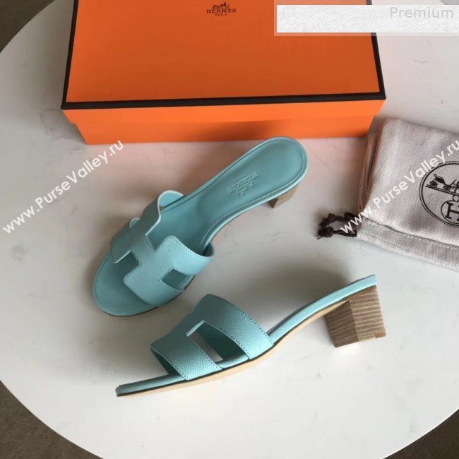 Hermes Epsom Leather Oasis Slipper Sandals With 5cm Heel Cyan (MD-9080614)