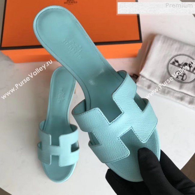 Hermes Epsom Leather Oasis Slipper Sandals With 5cm Heel Cyan (MD-9080614)