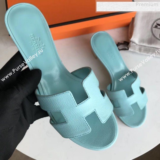 Hermes Epsom Leather Oasis Slipper Sandals With 5cm Heel Cyan (MD-9080614)