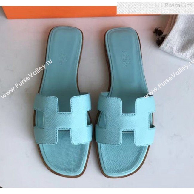 Hermes Epsom Leather Oran H Flat Slipper Sandals Cyan (MD-9080613)