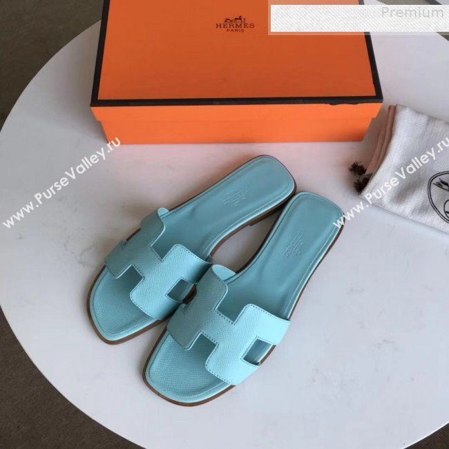 Hermes Epsom Leather Oran H Flat Slipper Sandals Cyan (MD-9080613)