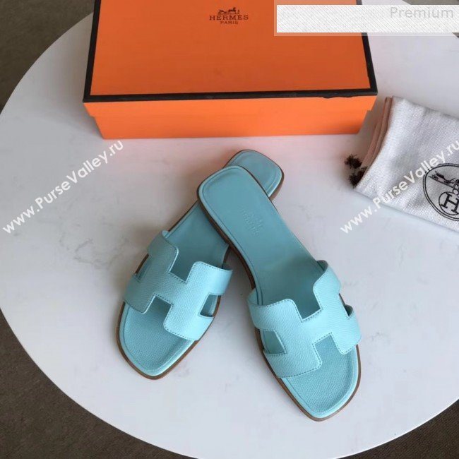 Hermes Epsom Leather Oran H Flat Slipper Sandals Cyan (MD-9080613)