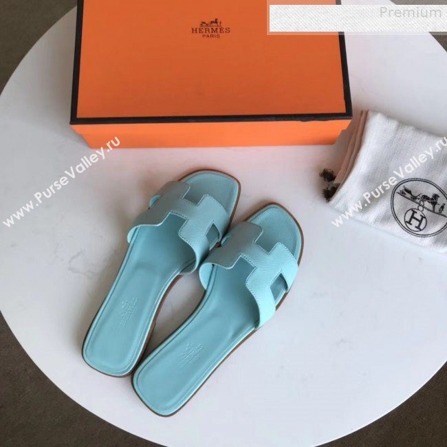 Hermes Epsom Leather Oran H Flat Slipper Sandals Cyan (MD-9080613)