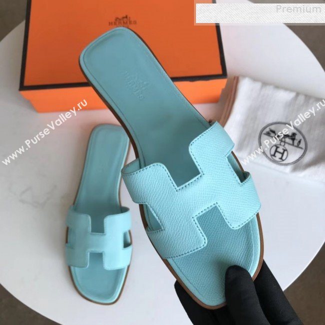 Hermes Epsom Leather Oran H Flat Slipper Sandals Cyan (MD-9080613)