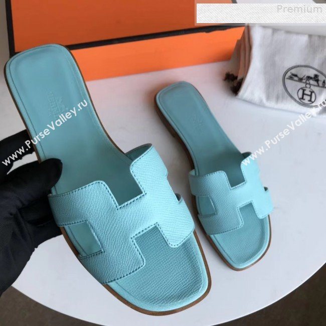 Hermes Epsom Leather Oran H Flat Slipper Sandals Cyan (MD-9080613)