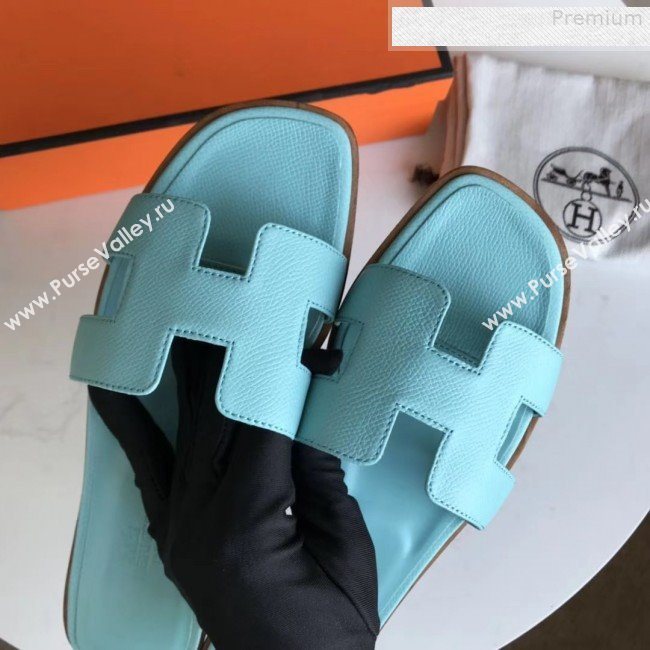 Hermes Epsom Leather Oran H Flat Slipper Sandals Cyan (MD-9080613)
