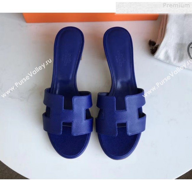 Hermes Epsom Leather Oasis Slipper Sandals With 5cm Heel Royal Blue (MD-9080616)
