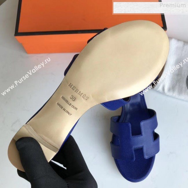 Hermes Epsom Leather Oasis Slipper Sandals With 5cm Heel Royal Blue (MD-9080616)