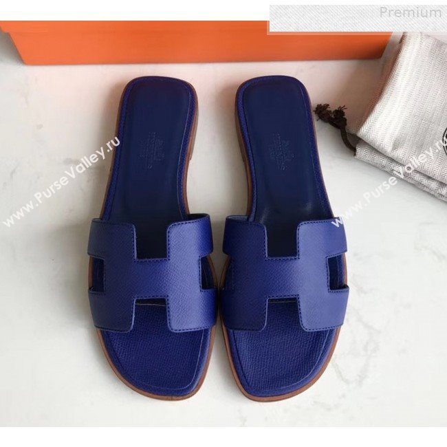 Hermes Epsom Leather Oran H Flat Slipper Sandals Royal Blue  (MD-9080615)