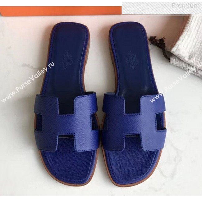 Hermes Epsom Leather Oran H Flat Slipper Sandals Royal Blue  (MD-9080615)