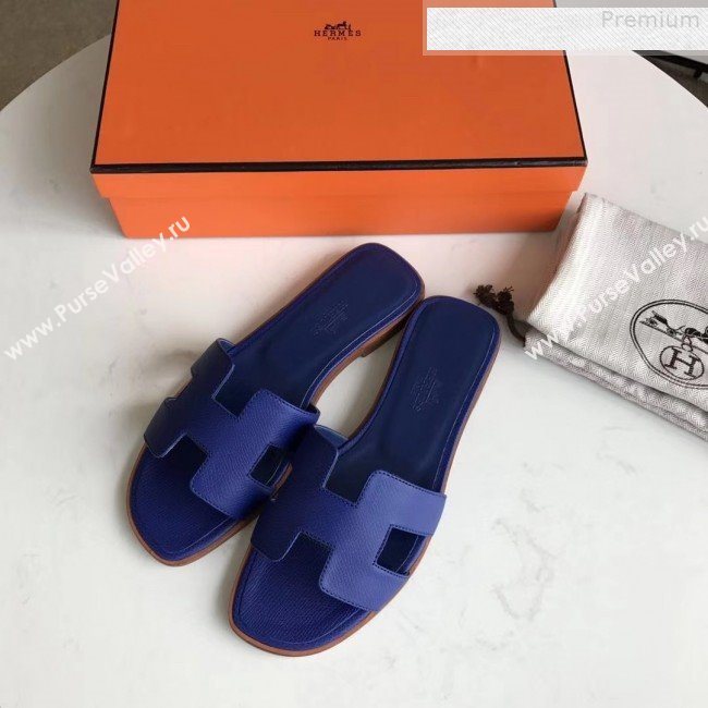 Hermes Epsom Leather Oran H Flat Slipper Sandals Royal Blue  (MD-9080615)