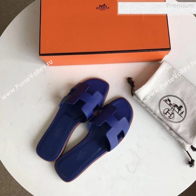 Hermes Epsom Leather Oran H Flat Slipper Sandals Royal Blue  (MD-9080615)
