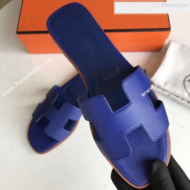 Hermes Epsom Leather Oran H Flat Slipper Sandals Royal Blue  (MD-9080615)