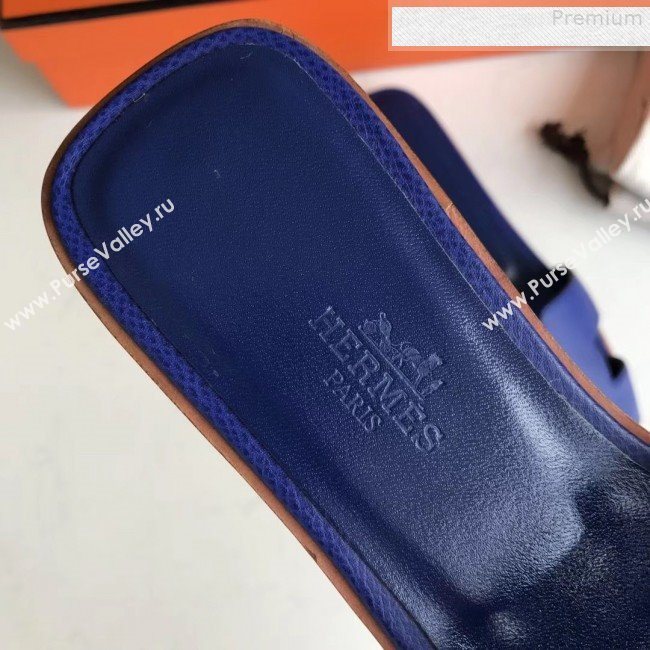 Hermes Epsom Leather Oran H Flat Slipper Sandals Royal Blue  (MD-9080615)