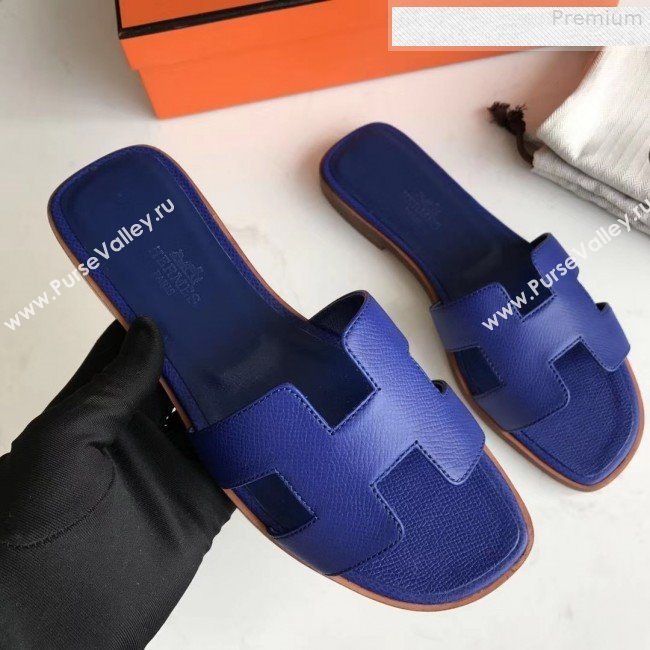 Hermes Epsom Leather Oran H Flat Slipper Sandals Royal Blue  (MD-9080615)