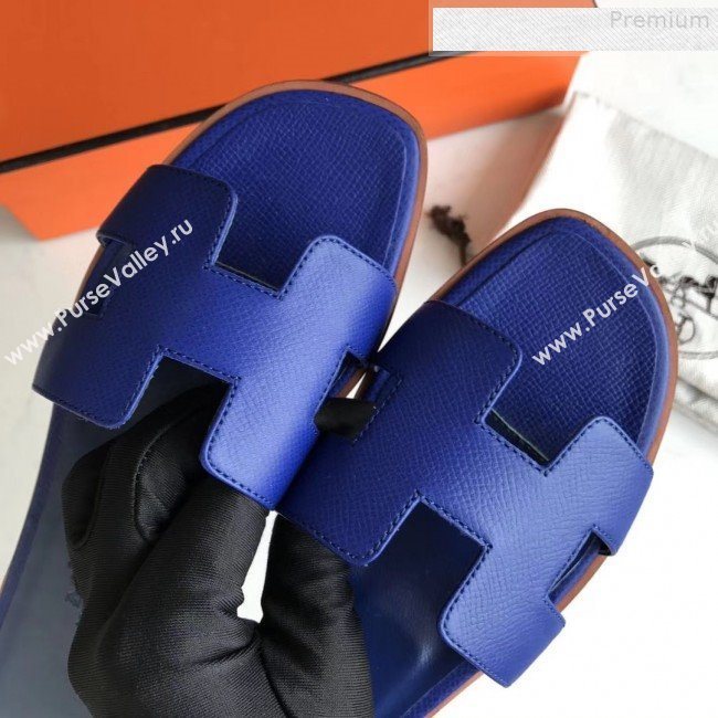 Hermes Epsom Leather Oran H Flat Slipper Sandals Royal Blue  (MD-9080615)
