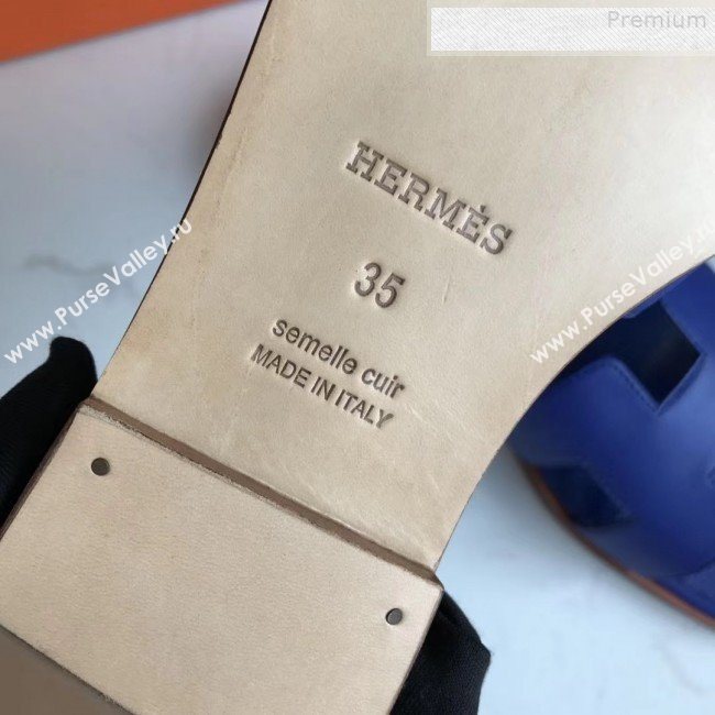 Hermes Epsom Leather Oran H Flat Slipper Sandals Royal Blue  (MD-9080615)