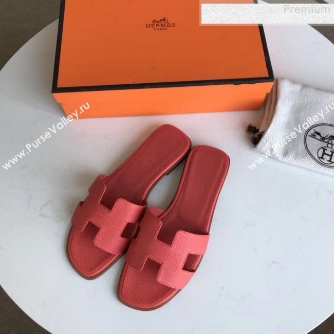 Hermes Epsom Leather Oran H Flat Slipper Sandals Red 02 (MD-9080617)