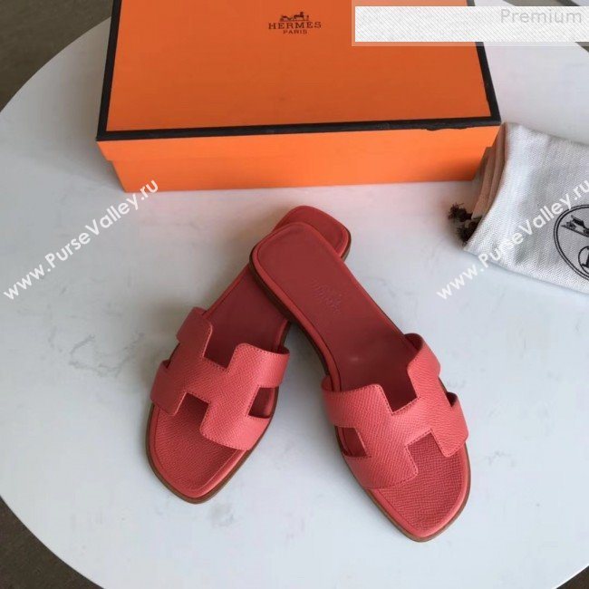 Hermes Epsom Leather Oran H Flat Slipper Sandals Red 02 (MD-9080617)