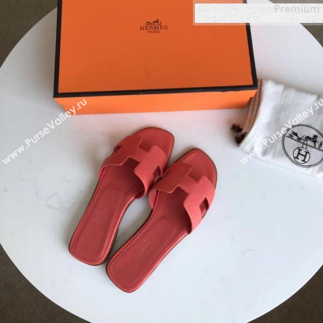 Hermes Epsom Leather Oran H Flat Slipper Sandals Red 02 (MD-9080617)