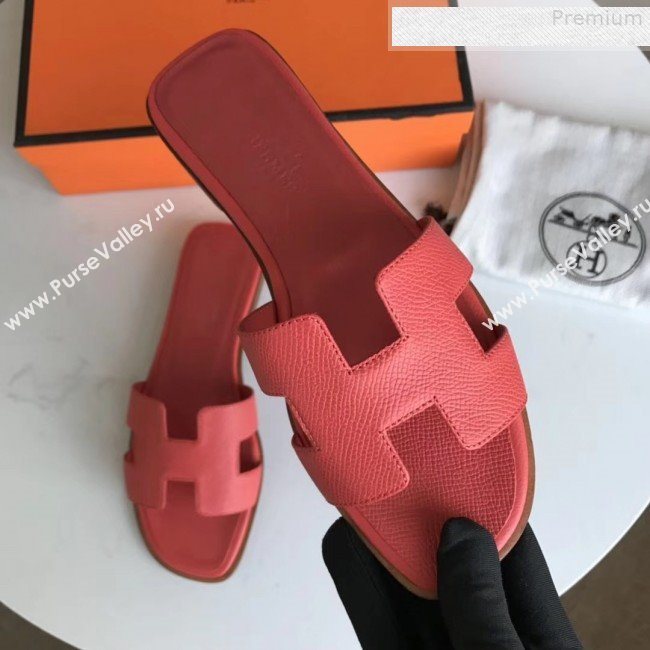 Hermes Epsom Leather Oran H Flat Slipper Sandals Red 02 (MD-9080617)