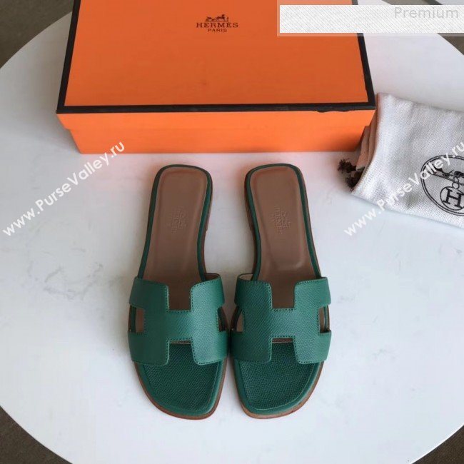 Hermes Epsom Leather Oran H Flat Slipper Sandals Dark Green (MD-9080619)