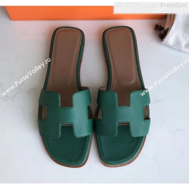 Hermes Epsom Leather Oran H Flat Slipper Sandals Dark Green (MD-9080619)