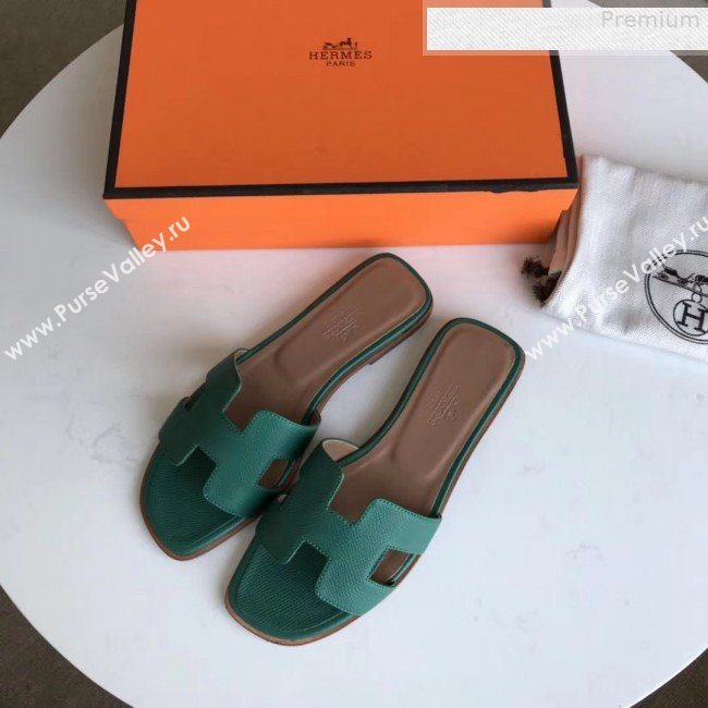 Hermes Epsom Leather Oran H Flat Slipper Sandals Dark Green (MD-9080619)