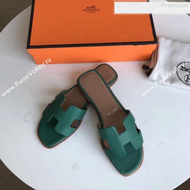 Hermes Epsom Leather Oran H Flat Slipper Sandals Dark Green (MD-9080619)