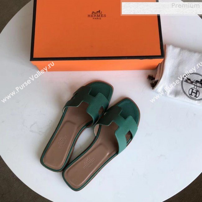 Hermes Epsom Leather Oran H Flat Slipper Sandals Dark Green (MD-9080619)