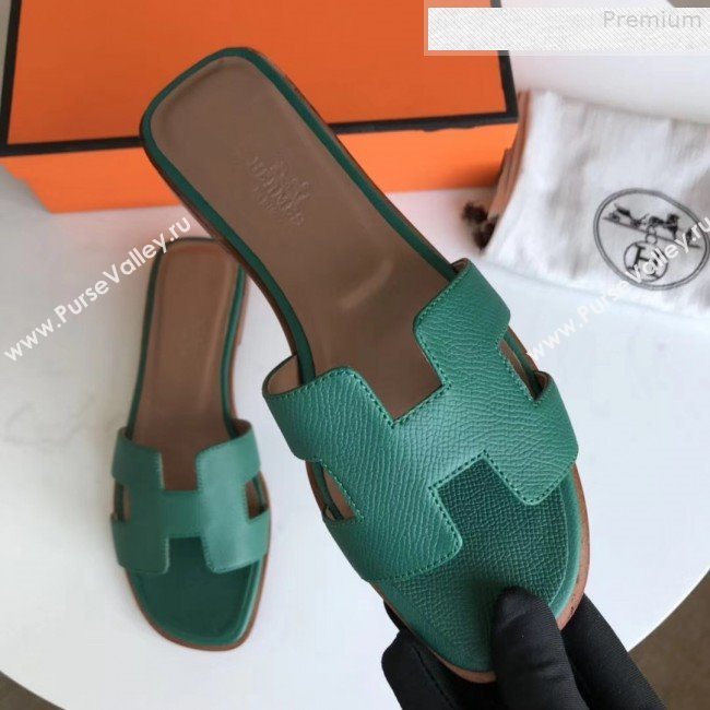 Hermes Epsom Leather Oran H Flat Slipper Sandals Dark Green (MD-9080619)