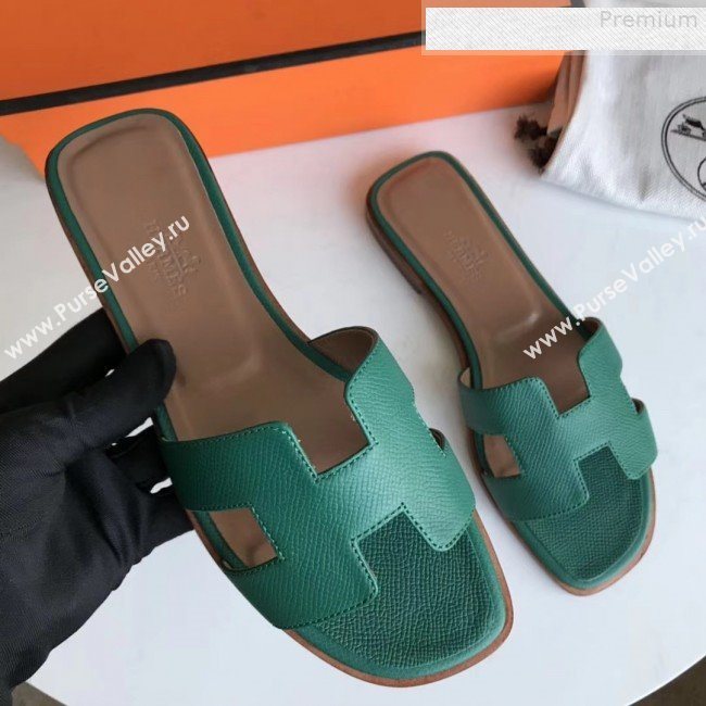 Hermes Epsom Leather Oran H Flat Slipper Sandals Dark Green (MD-9080619)