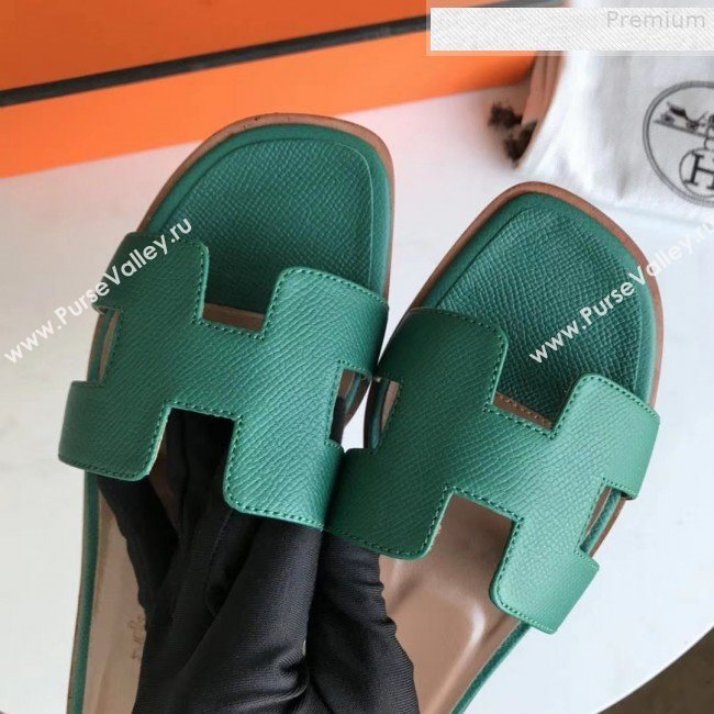 Hermes Epsom Leather Oran H Flat Slipper Sandals Dark Green (MD-9080619)