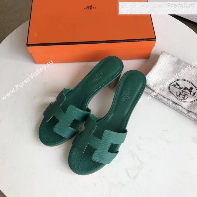 Hermes Epsom Leather Oasis Slipper Sandals With 5cm Heel Dark Green (MD-9080620)